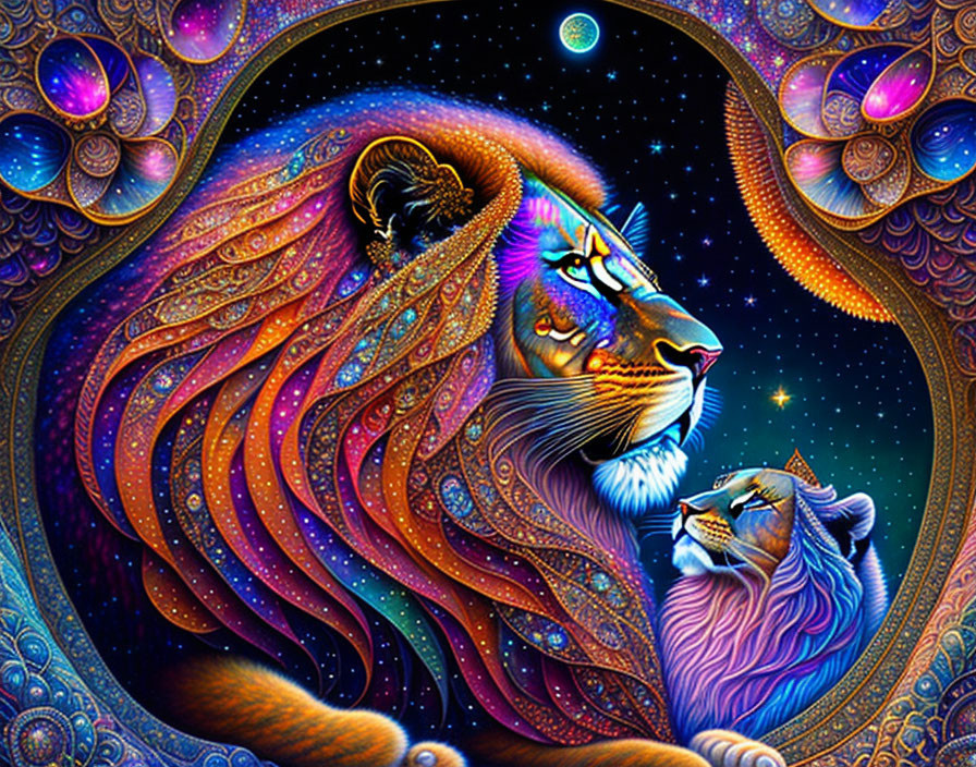 Colorful Lion Artwork with Cosmic Manes and Celestial Motifs