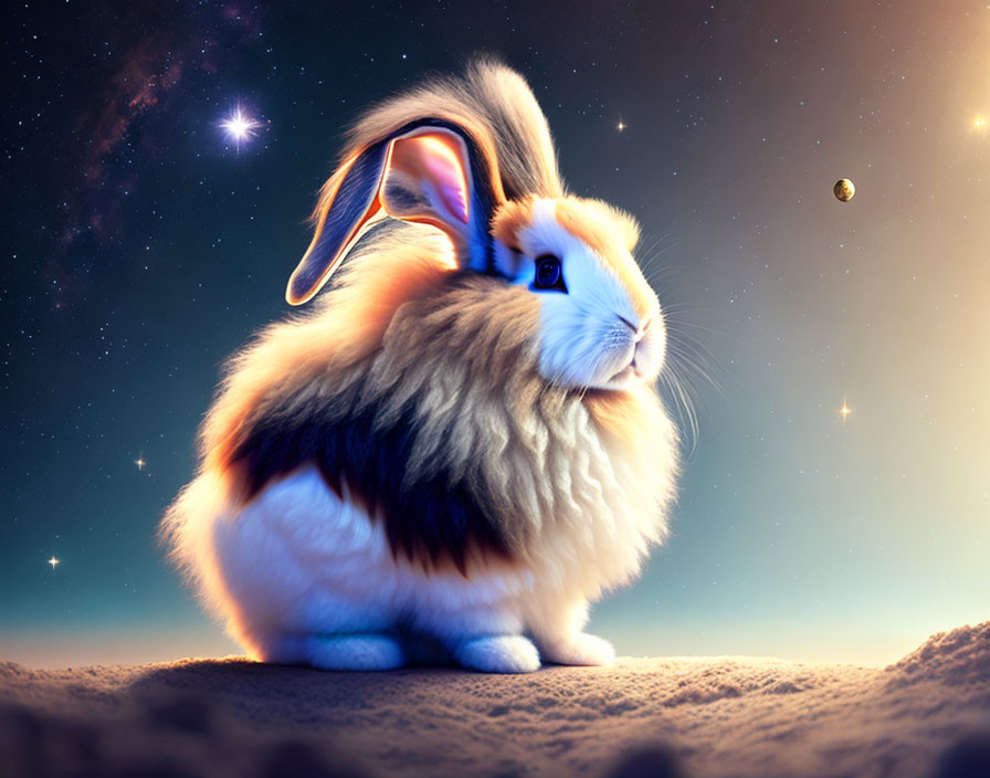 Cute rabbit on sandy surface under starry sky with planets