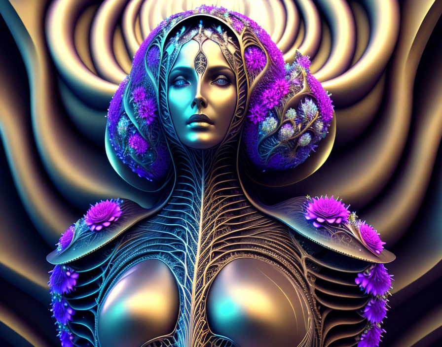 Surreal digital artwork of female figure with fractal patterns and metallic skin