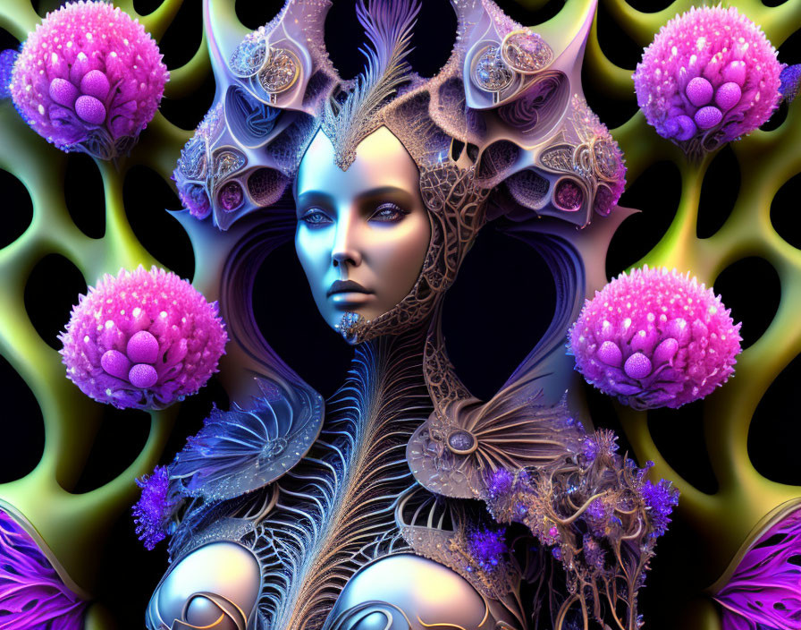 Digital artwork of female figure with intricate violet and blue headgear amidst purple flowers and honeycomb structures