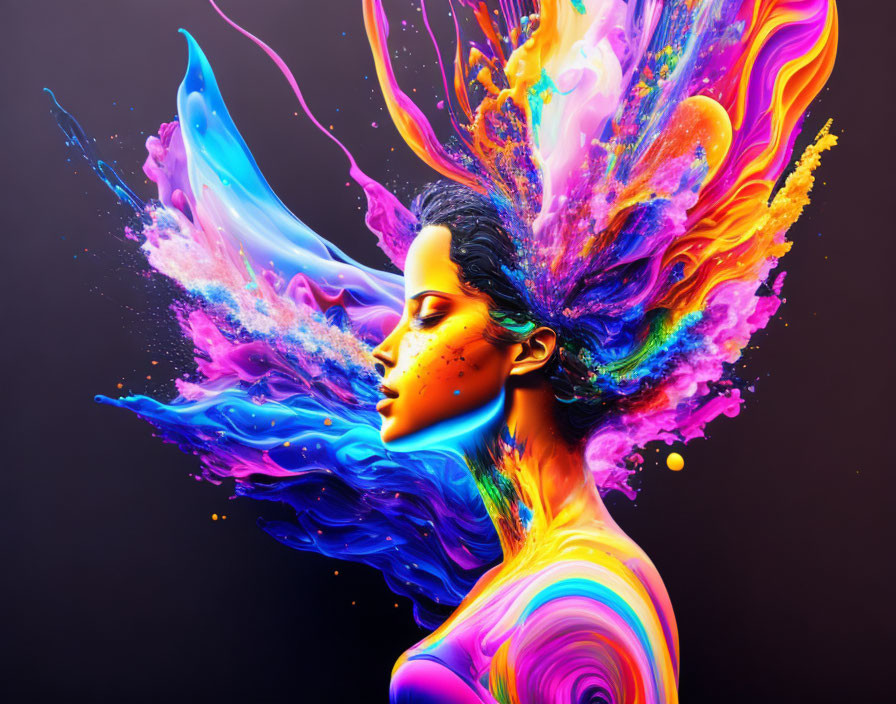 Colorful digital art: Woman's profile with paint-like swirls