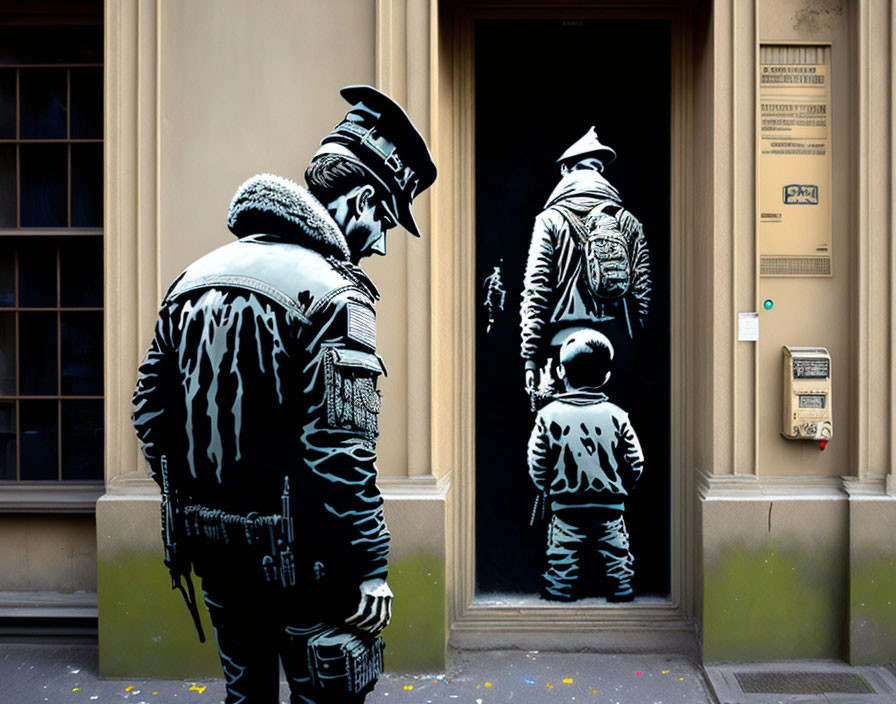 Monochrome street art of child, soldier, and firefighter on building wall