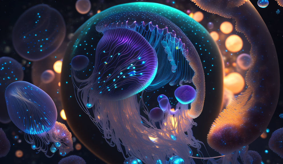 Bioluminescent jellyfish in cosmic scene with planet orbs