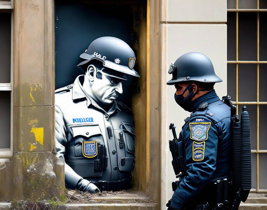 Real-life police officer next to large realistic graffiti of vintage police officer