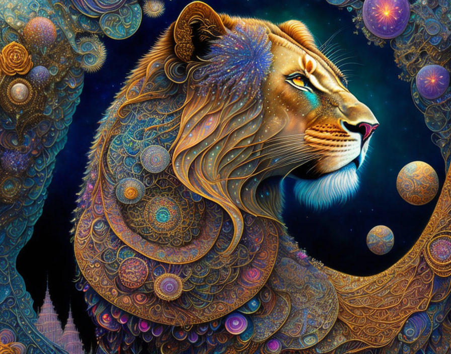 Colorful Lion Overlay on Cosmic Mandala Background