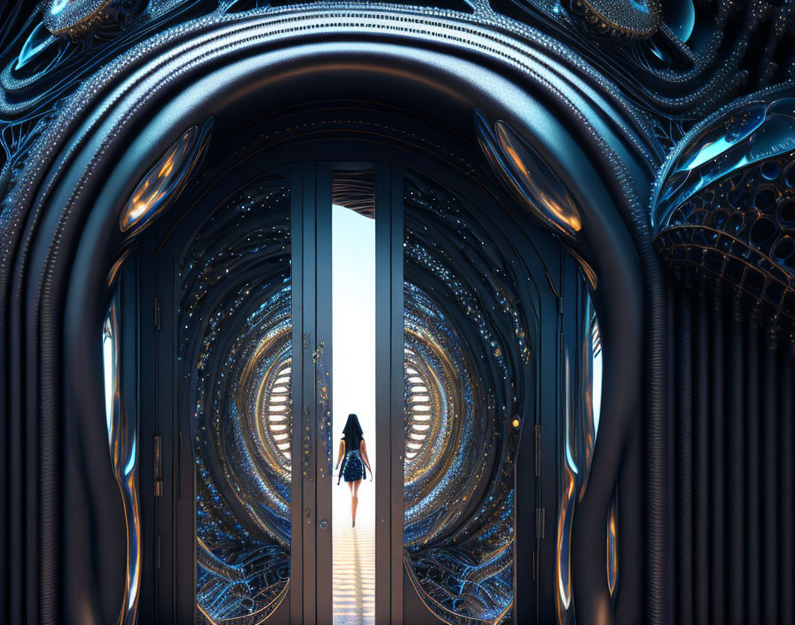 Futuristic door with intricate metallic walls and blue glow