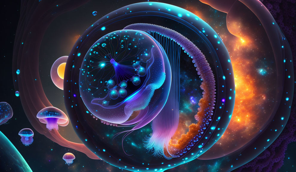 Surreal cosmic digital artwork with jellyfish-like entities and celestial bodies