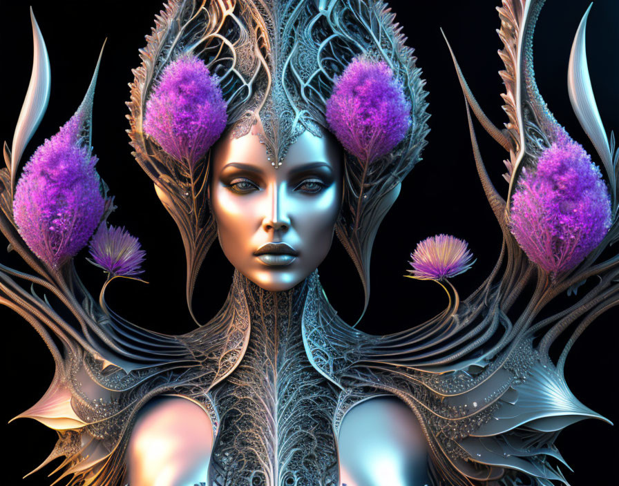 Mystical female entity with metallic headgear and purple floral elements on dark background