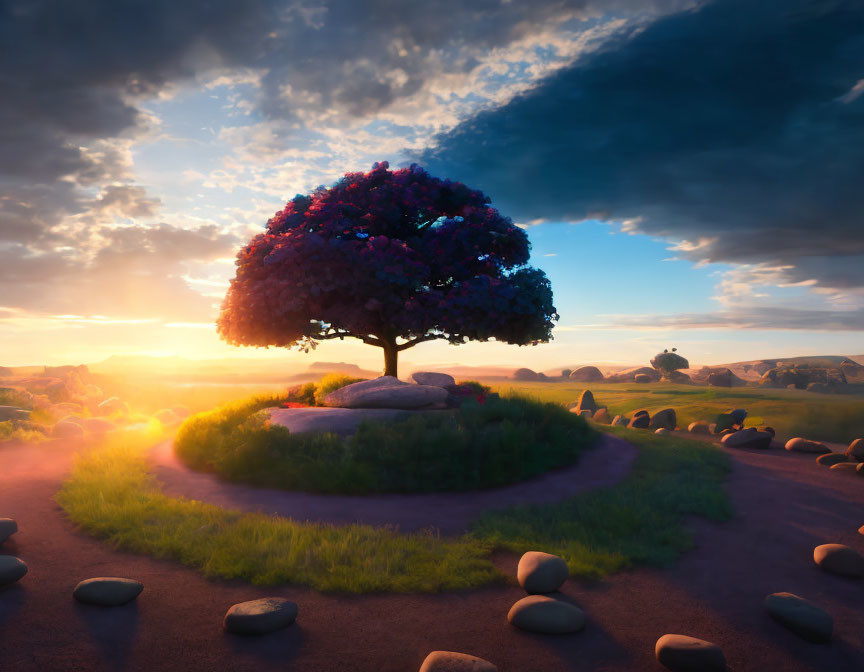 Vibrant purple tree on hill with stones at sunset