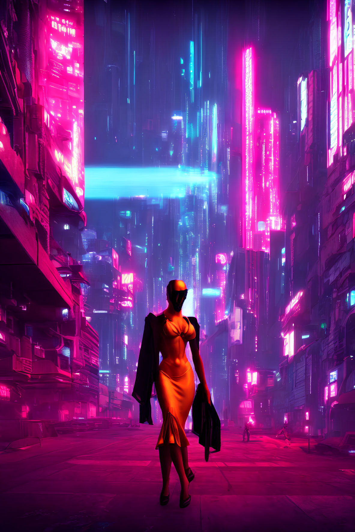 Person in yellow dress and coat in neon-lit futuristic cityscape at night