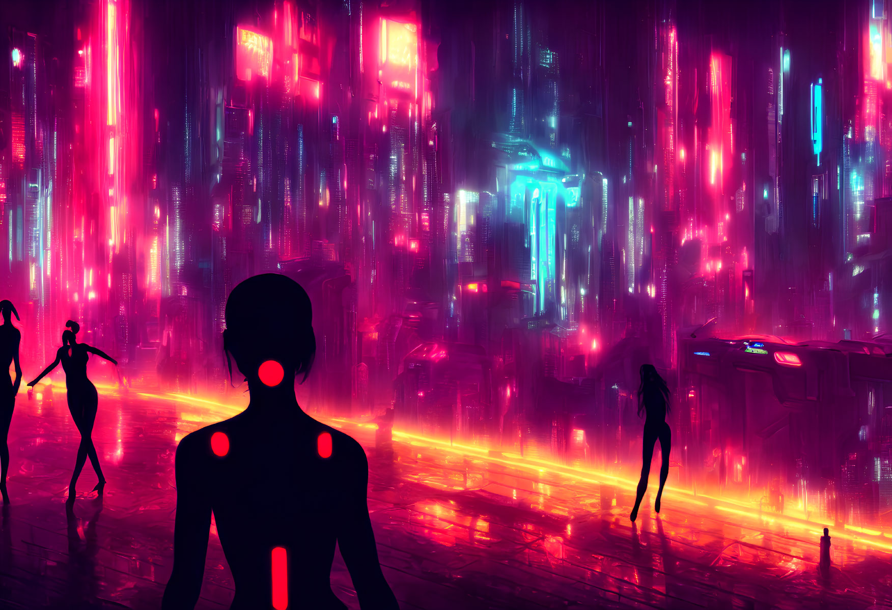 Futuristic neon cityscape with flying cars and silhouetted figures