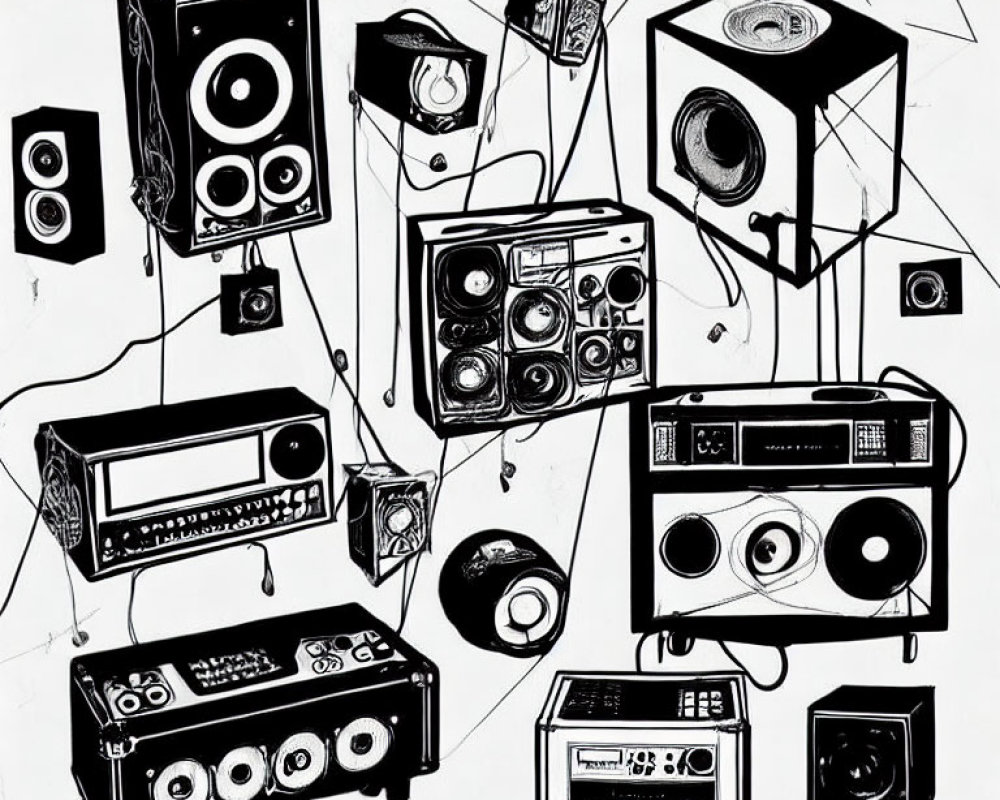 Vintage Audio Equipment Illustration: Speakers, Boomboxes, Tape Decks