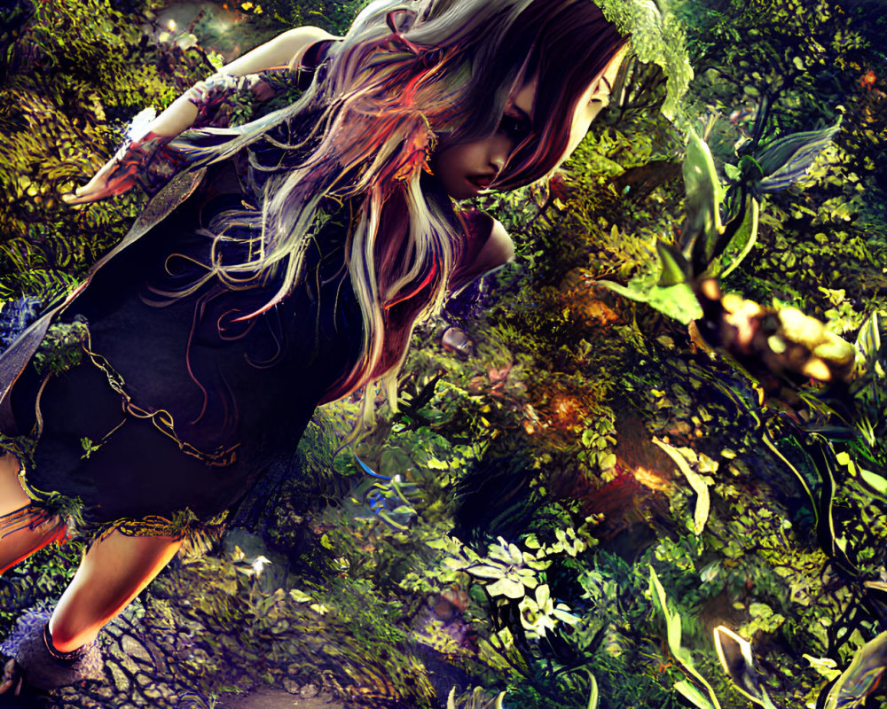 Multicolored hair girl in vibrant enchanted forest with intricate flora