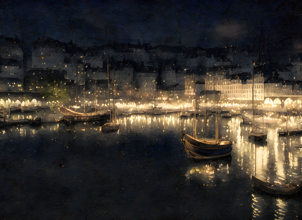 Impressionist-style painting of serene harbor at night with warm lights, boats, and historic buildings