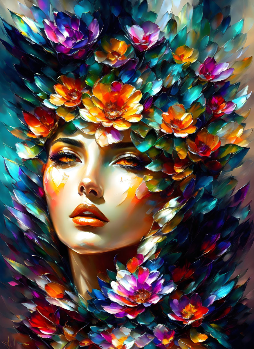 Colorful digital painting of a woman with elaborate floral headdress.