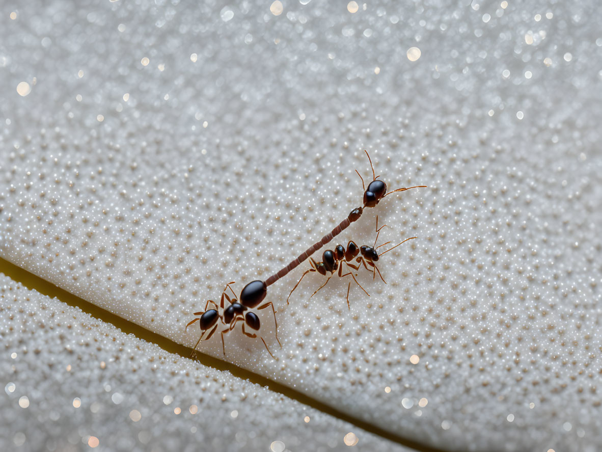 Three ants crossing crevice on glittery white surface