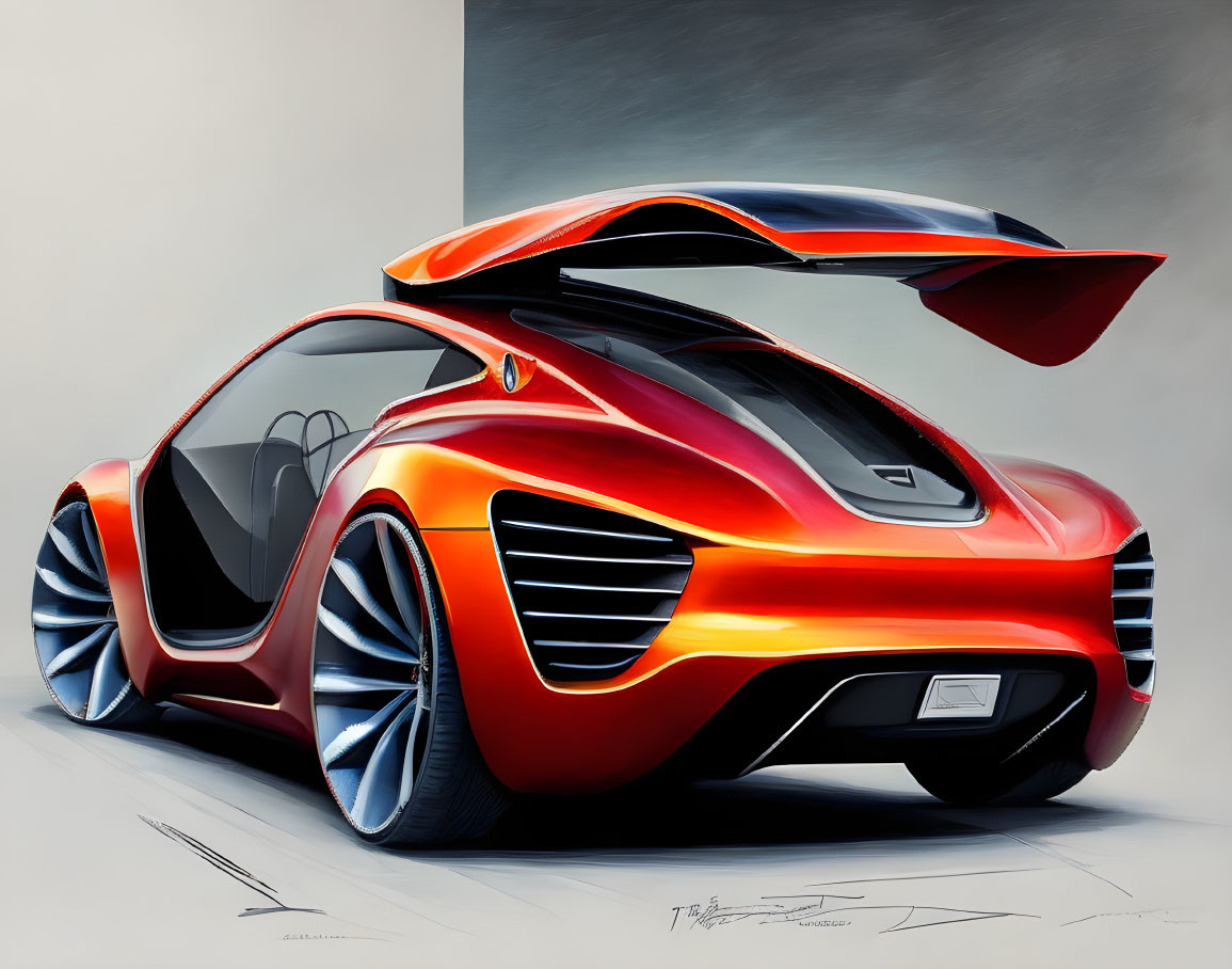 Sleek futuristic orange concept car with large wheel arches