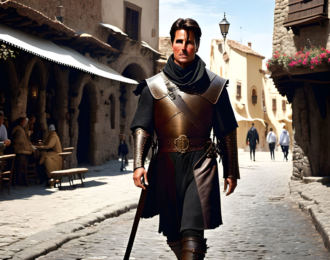 Medieval knight in armor strolls through sunlit village street