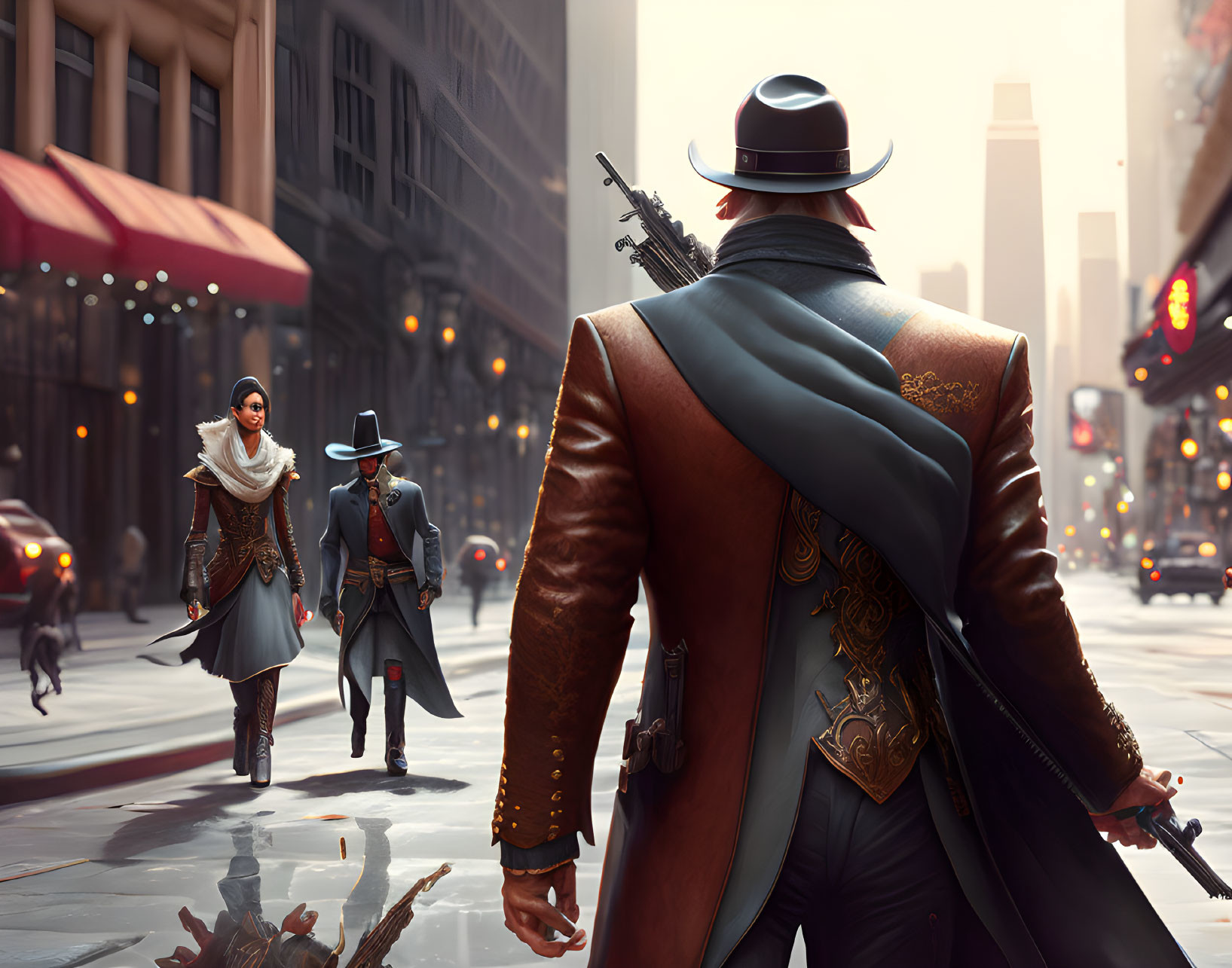 Man in leather coat and hat with rifle on city street scene