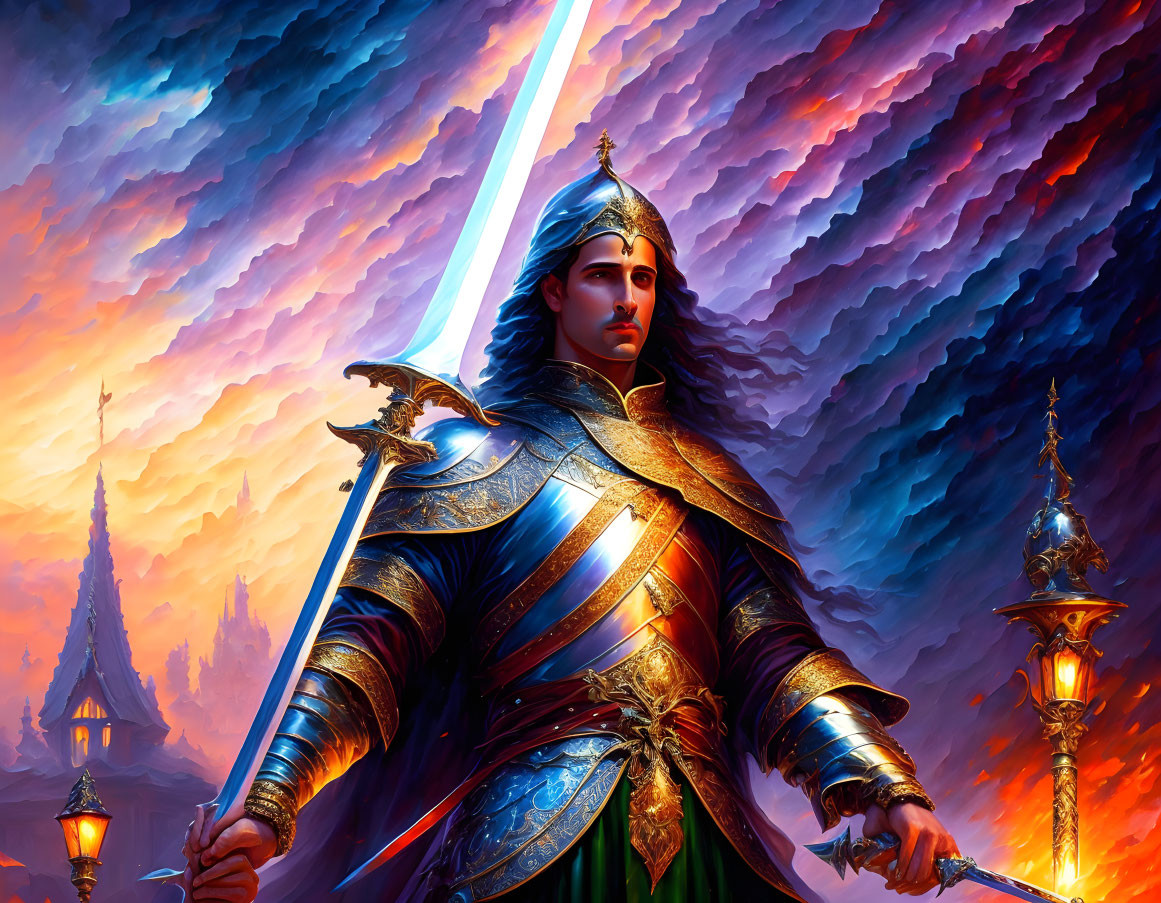 Knight in ornate armor with glowing sword against dramatic sky and castle spires.