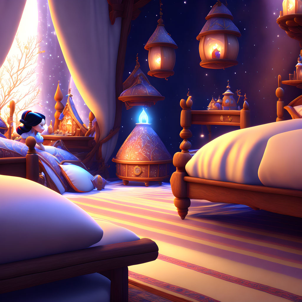 Cozy bedroom with warm lanterns, two beds, white linens, and a character sleeping under