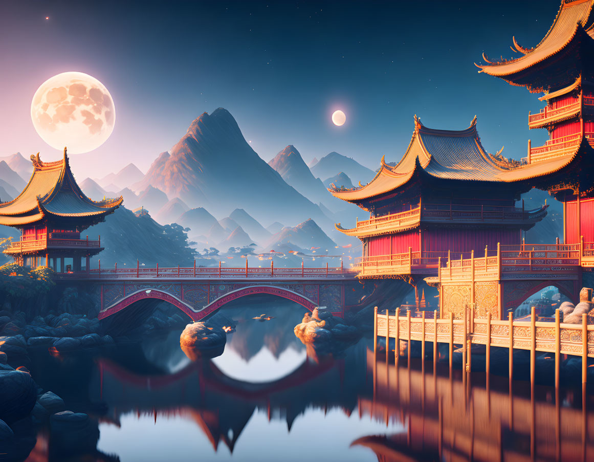 Asian Pagodas by River with Bridge, Mountains, Night Sky, Full Moon, and Stars