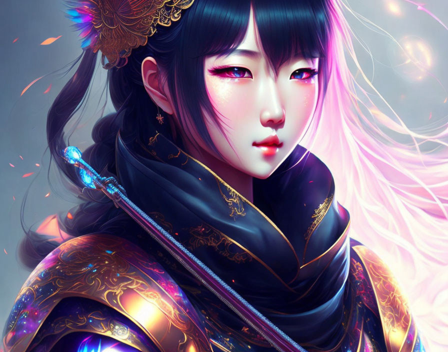 Illustration of woman in pink hair, red eyes, Asian armor with gold details, holding staff