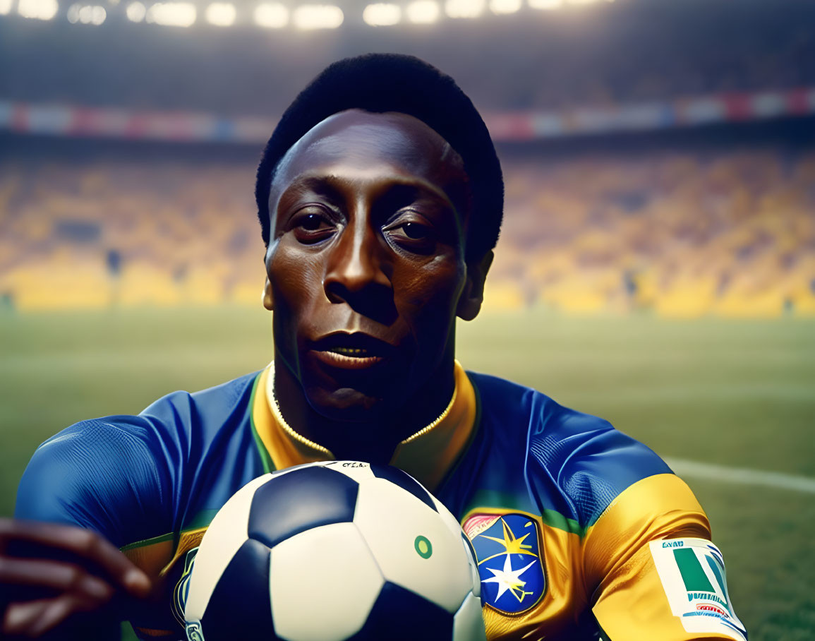 Male soccer player digital artwork in yellow and blue jersey at stadium