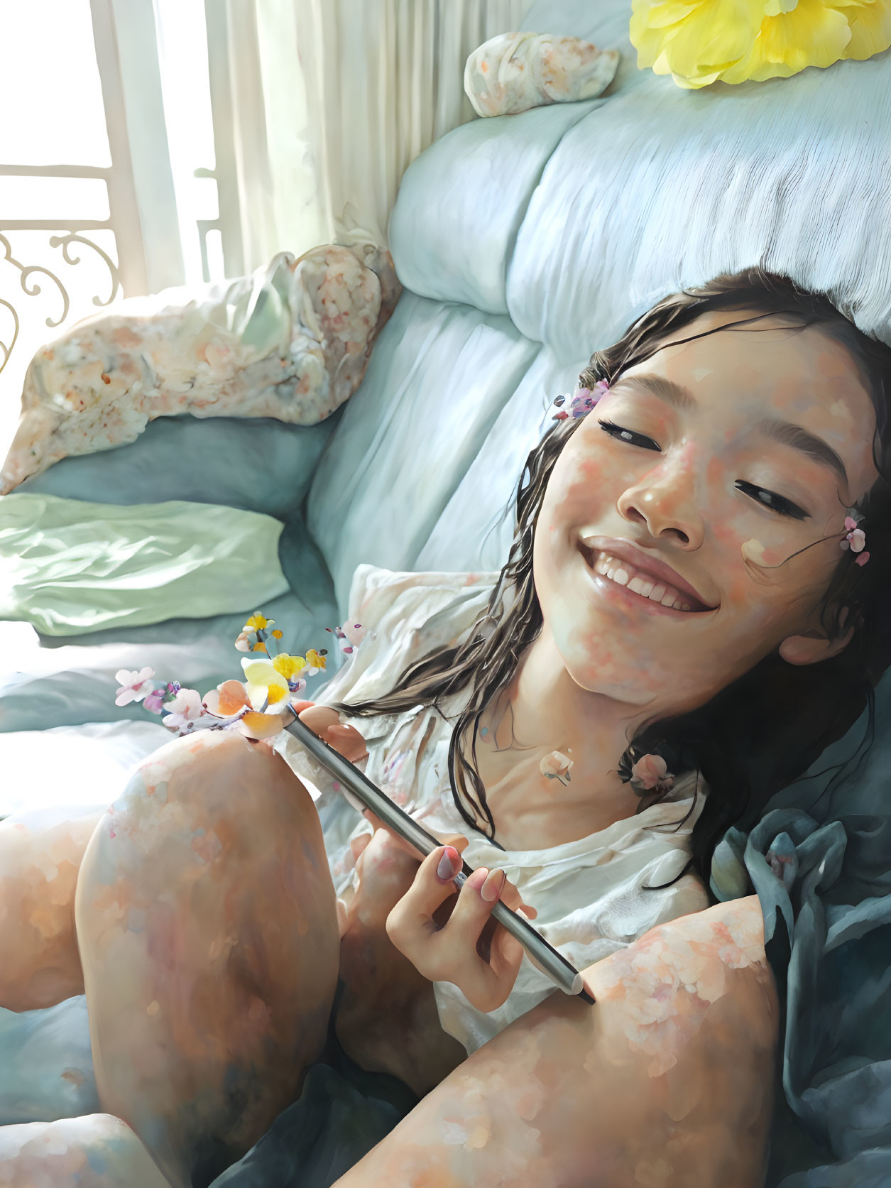 Smiling girl with flowers holding paintbrush in sunlit room