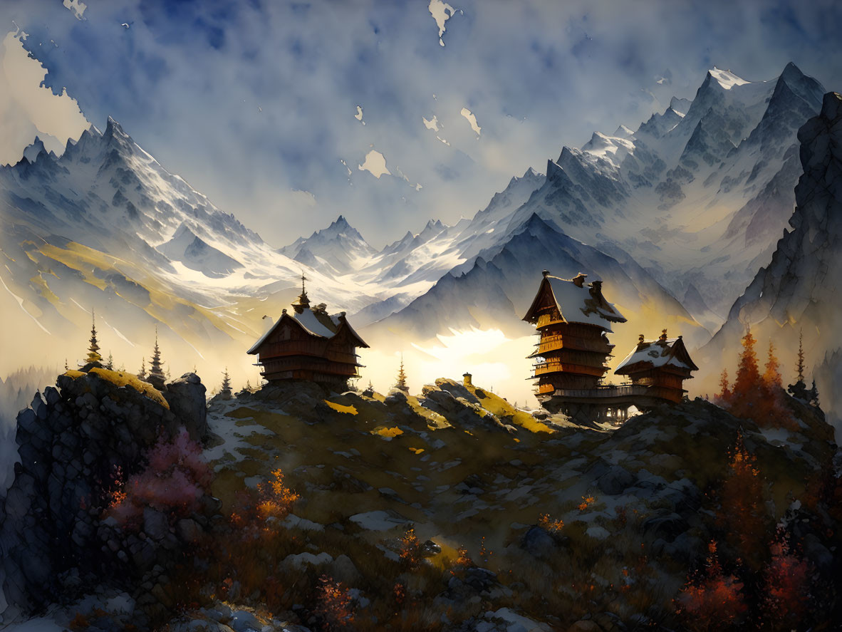 Mountainous Landscape with Traditional Buildings and Autumn Foliage