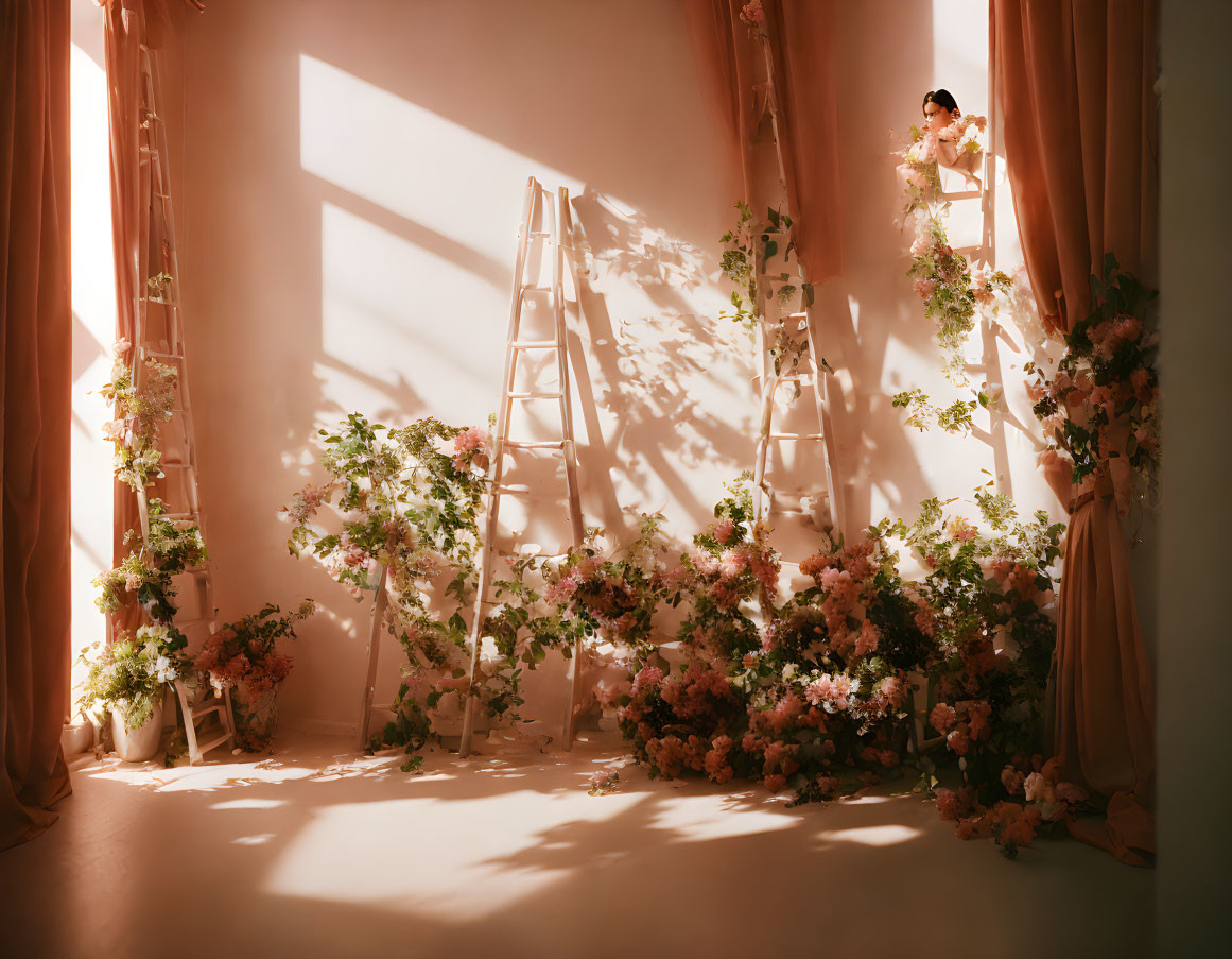 Tranquil room with ladder, blooming flowers, person arranging flowers