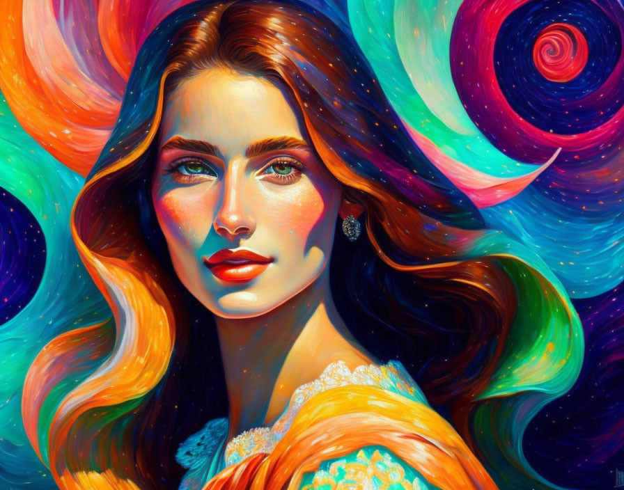 Colorful digital painting of a woman with multicolored hair and green eyes in cosmic setting