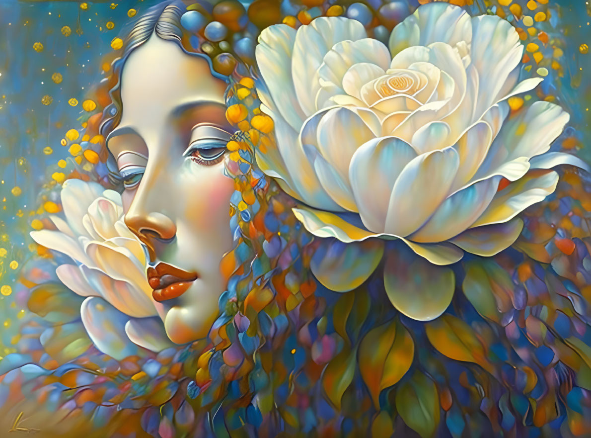 Surreal portrait of woman with white rose hair on blue and gold backdrop