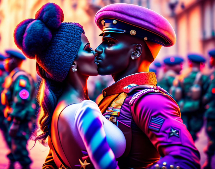 Stylized figures in military and casual attire kiss with soldiers in the background