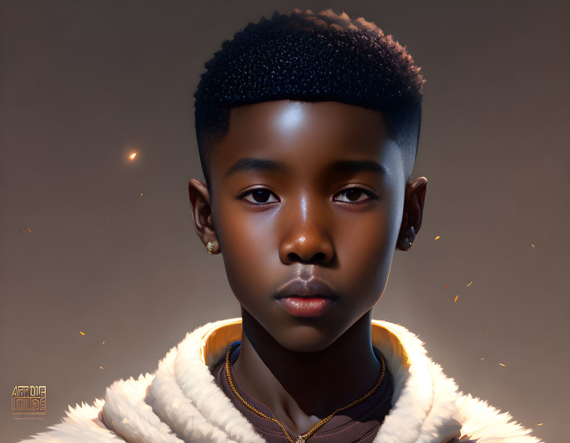 Young individual with short hair, earrings, fur collar jacket, and glowing particles.