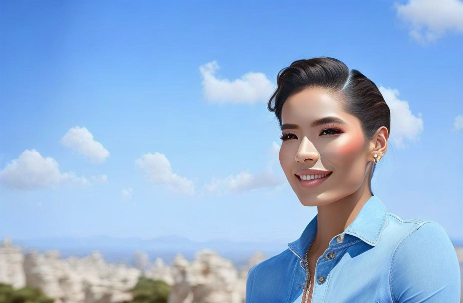 Smiling woman in denim top with elegant updo against blue sky