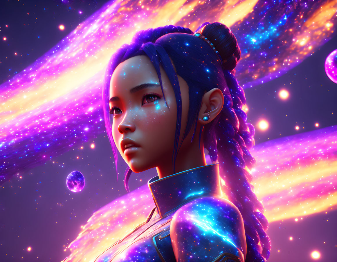 Digital Artwork: Woman with Galaxy-Themed Skin and Hair in Cosmic Setting