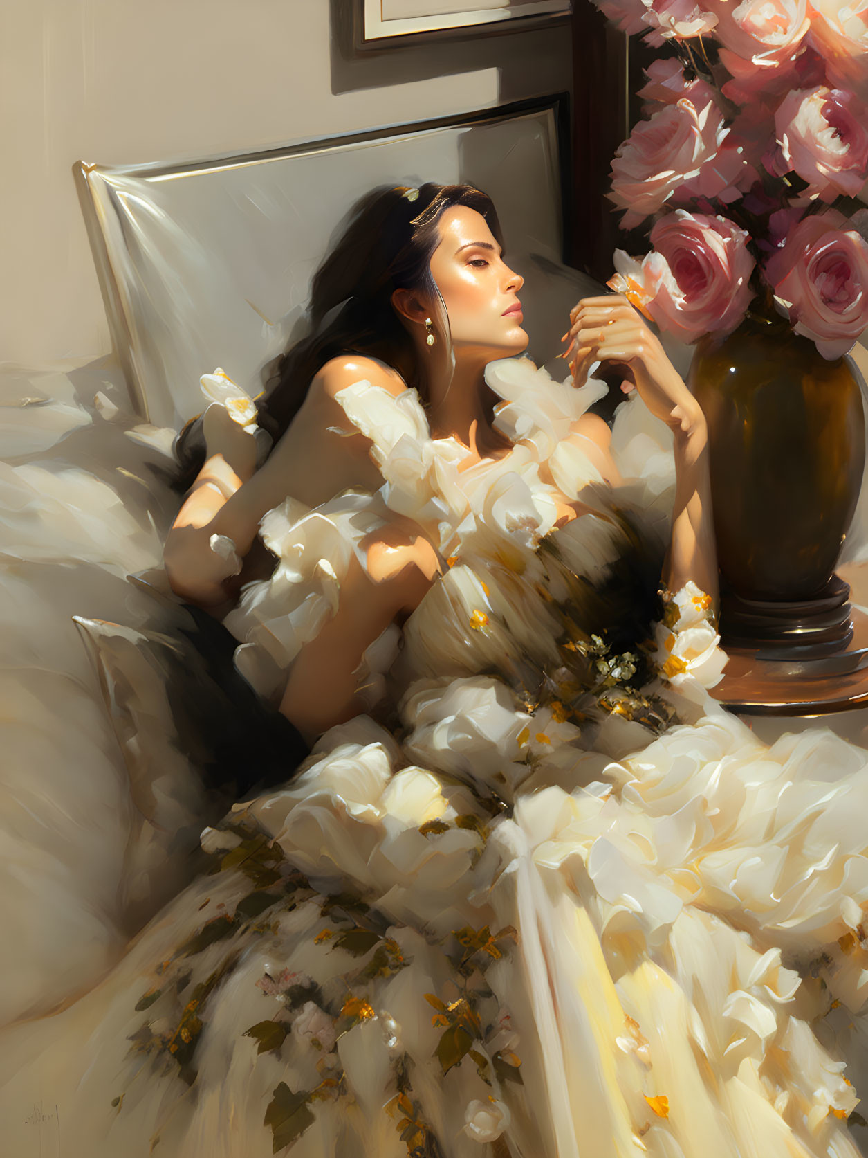 Elegant woman in white floral dress on bed with pink roses vase