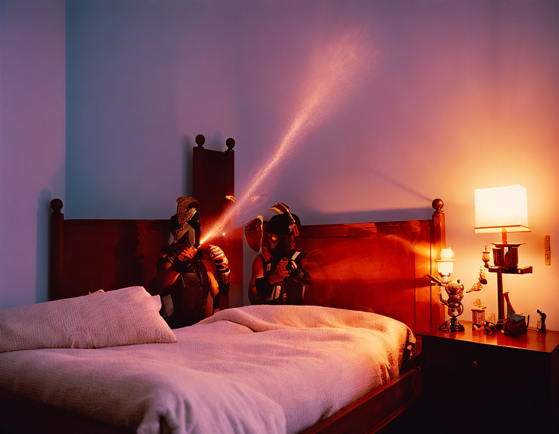 Dimly Lit Cozy Bedroom with Bed, Nightstand, Lamp, and Action Figures