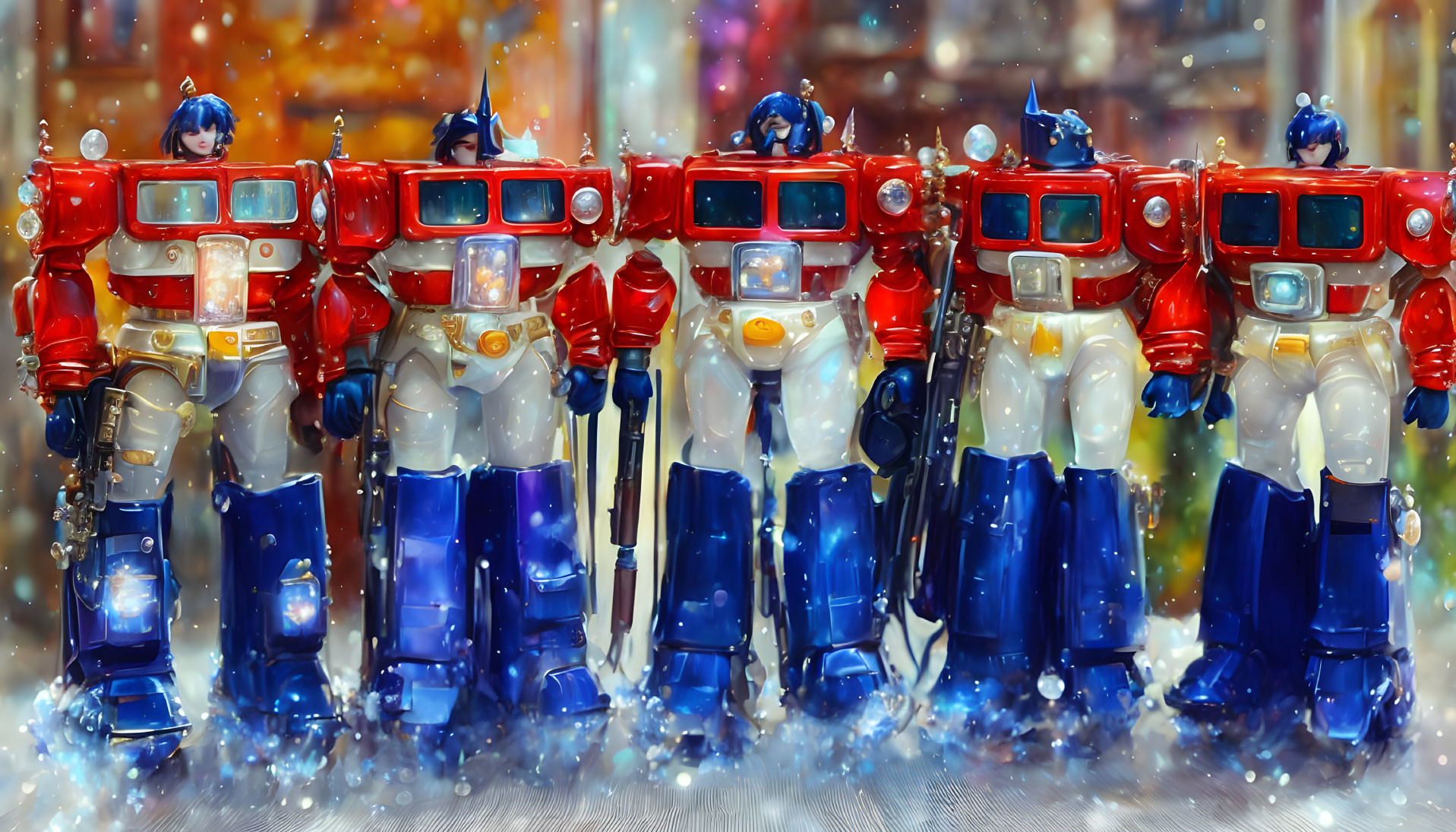 Colorful Toy Robots with Red, White, and Blue Design on Vibrant Background