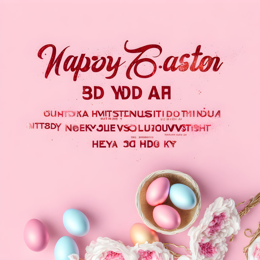 Easter-themed graphic with decorative eggs and flowers on pastel pink background