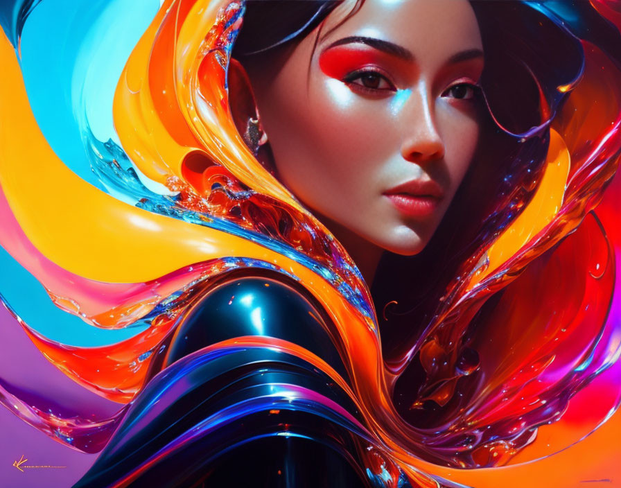 Abstract portrait of a woman with striking red eye makeup surrounded by vivid swirling colors