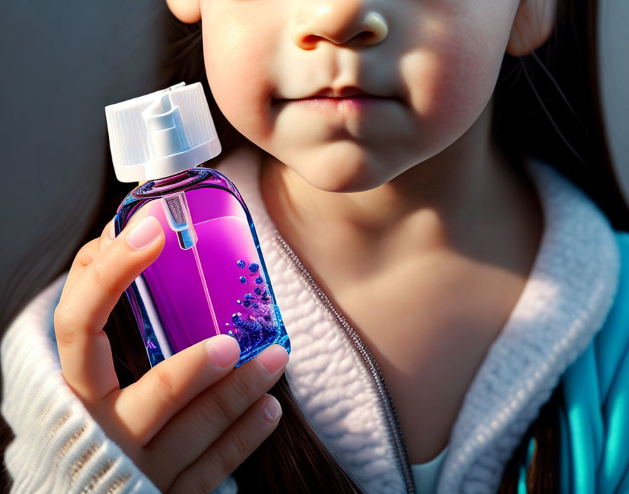 Young Child Holding Small Purple Liquid Bottle with Bubbles