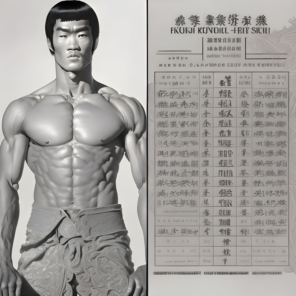 Monochrome Asian male statue with muscular physique and Asian characters emblem