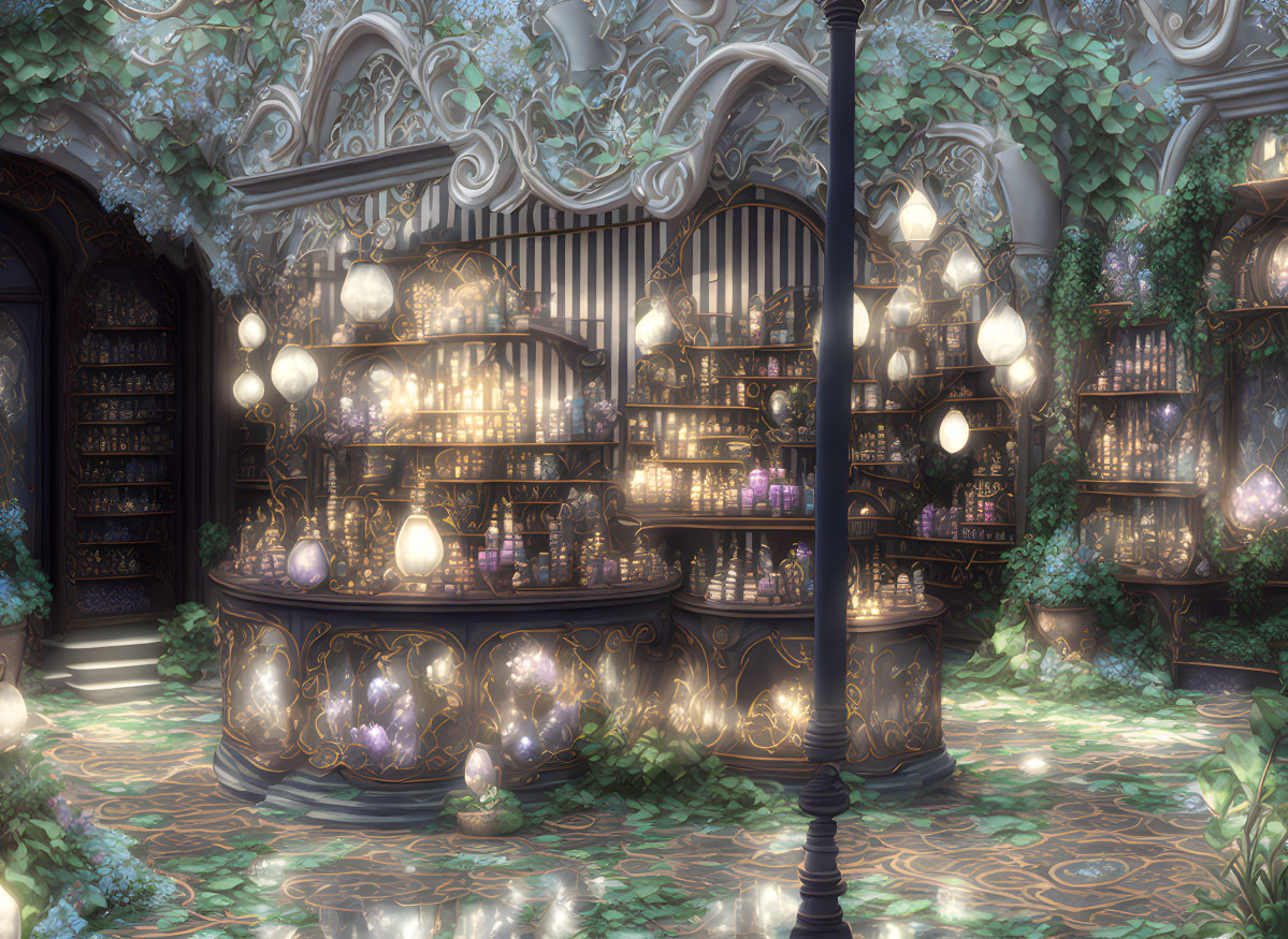 Ornate shelves filled with glowing orbs in a magical room