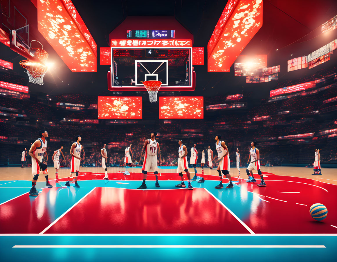 Basketball game with players on court and vibrant red scoreboards