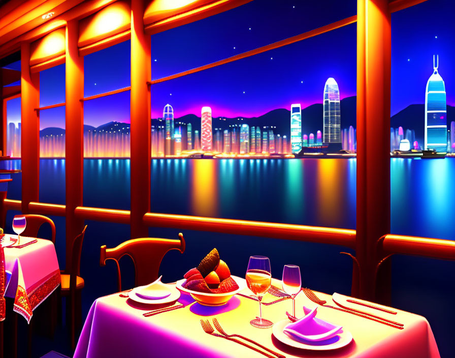 Colorful dining scene with futuristic city view.