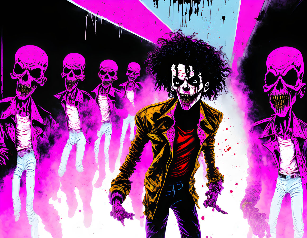 Colorful comic-style illustration with creepy clown face in yellow jacket, skeletons, pink and black backdrop