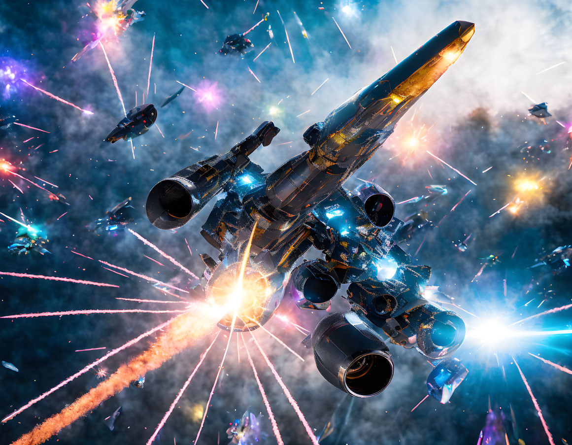 Vivid Space Battle Scene with Explosions and Futuristic Spacecraft