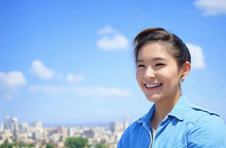 Smiling person in blue shirt with sunny cityscape and clear blue sky